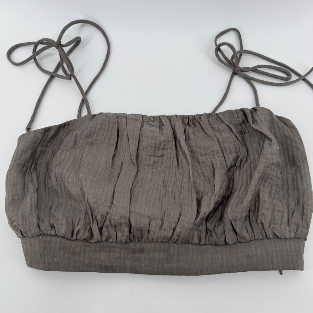 ASTR‎ The Label Crop Top Womens Medium Mushroom Brown Ruched Tie Shoulder
